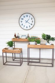 SET OF THREE RUSTIC RECYCLED WOOD CONSOLE TRAYS ON METAL BASES