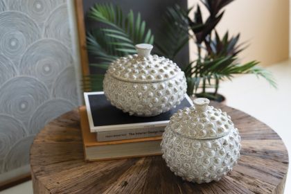 SET OF TWO ROUND KNOBBY ANTIQUE WHITE CERAMIC  CANISTERS