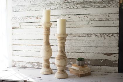 SET OF TWO HAND CARVED WOODEN CANDLE STANDS