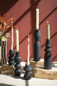 SET OF FIVE CARVED  BLACK WOOD TAPER CANDLE HOLDERS