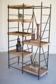 IRON SHELVING UNIT W SIX ADJUSTABLE WOODEN SHELVES