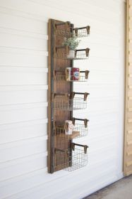 RECYCLED WOOD & METAL WALL RACK W SIX WIRE STORAGE BASKETS