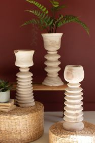 SET OF THREE TURNED WOOD TOWERS WITH CUPS