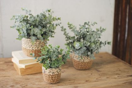 SET OF THREE ARTIFICIAL EUCALYPTUS PLANTS IN WOVEN POTS