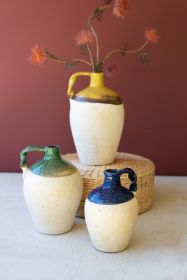 SET OF THREE CERAMIC JUGS - BLUE, MUSTARD AND GREEN