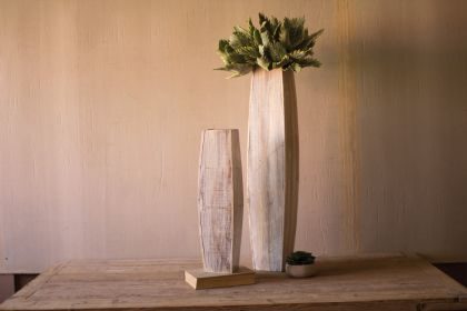 SET OF TWO WHITE-WASHED TALL OBLONG WOODEN VASES