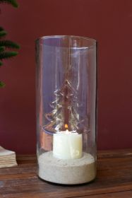 CLEAR GLASS CYLINDER WITH EMBOSSED CHRISTMAS TREE