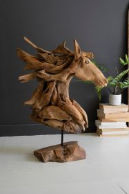 TEAKWOOD HORSE HEAD SCULPTURE WITH IRON BASE