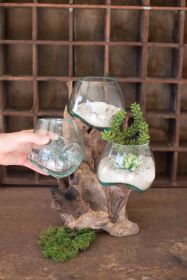 THREE BLOWN GLASS BOWLS ON A DRIFTWOOD BASE