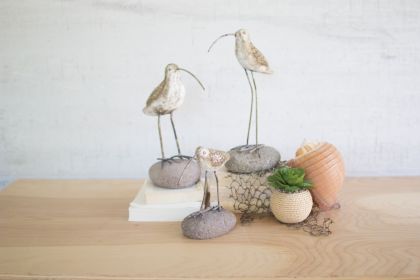 SET OF THREE PAINTED CLAY SHORE BIRDS ON ROCK BASES