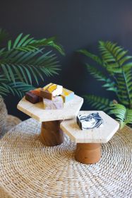 SET OF TWO TRAVERTINE DISPLAY PEDESTALS W MANGO WOOD BASES