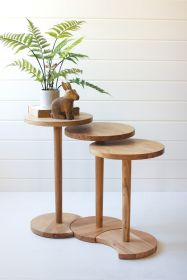 SET OF THREE ACACIA WOOD ROUND SIDE TABLES