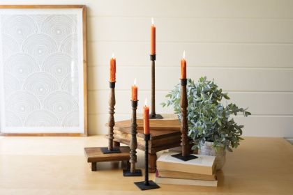 SET 5 RE-PURPOSED WOOD SPINDLE TAPER CANDLE STANDS - ASST