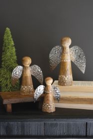 SET OF THREE WOOD AND TIN TABLE TOP CHRISTMAS ANGELS