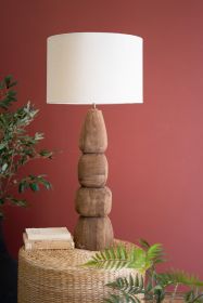 QUAD CARVED MANGO WOOD TABLE LAMP WITH FABRIC SHADE