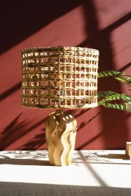 CARVED WOOD TABLE LAMP WITH WATER HYACINTH SHADE